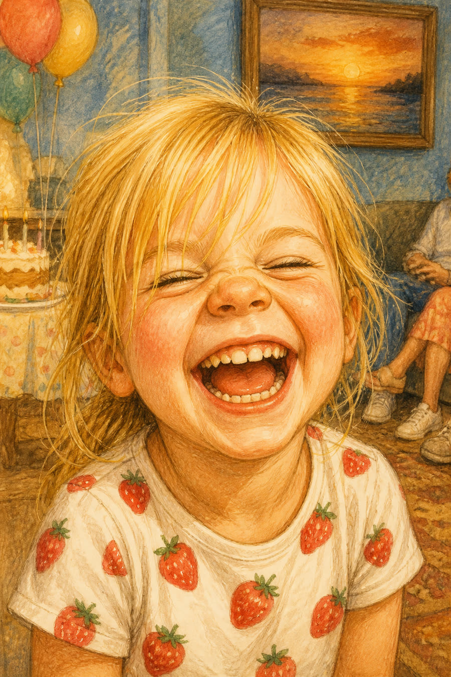 Watercolour caricature of a laughing child in a strawberry-print shirt
