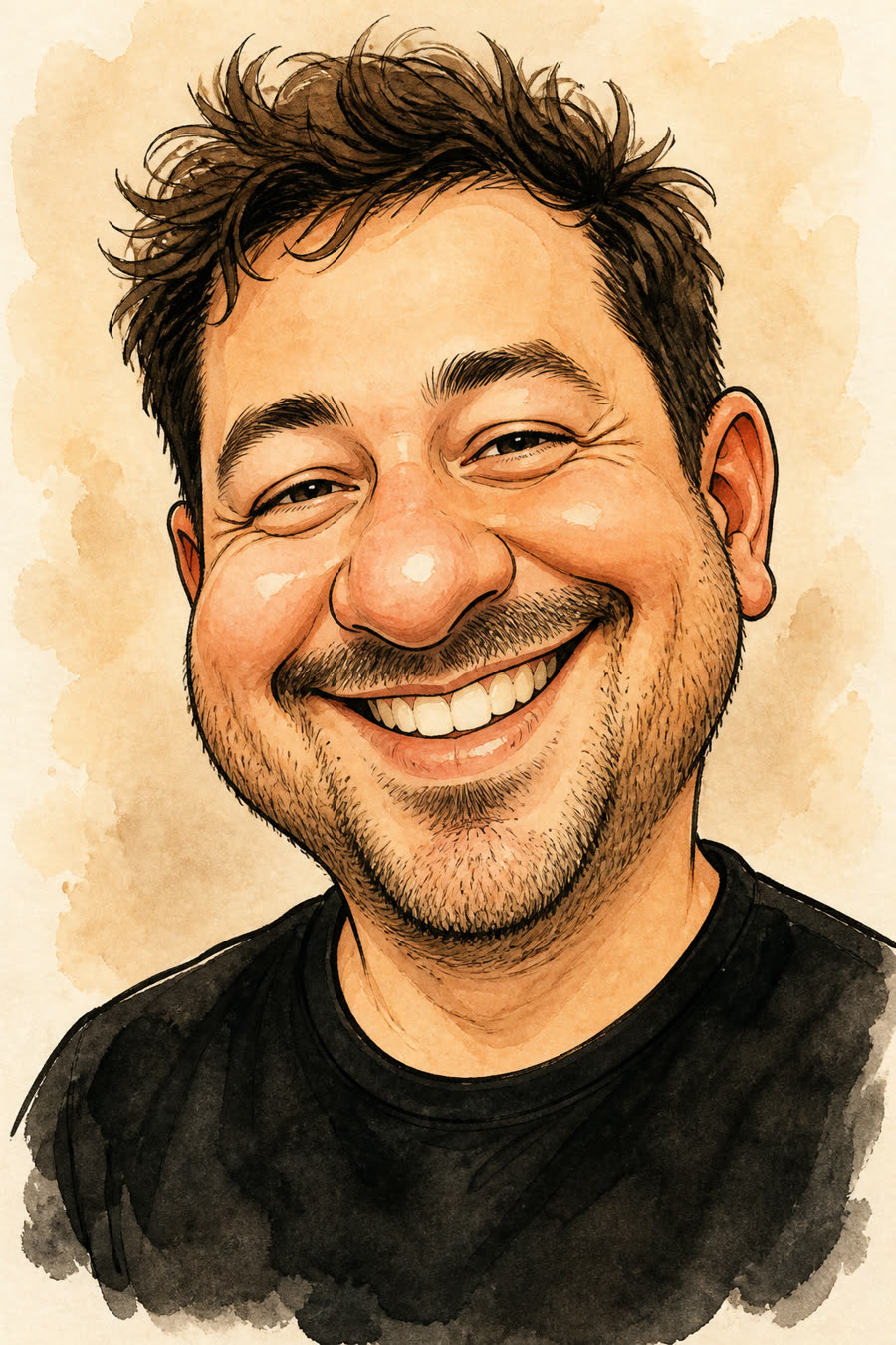 Watercolour caricature of a smiling man in a black t-shirt