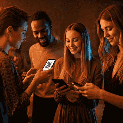 People at a party scanning a QR code with their phones, vibrant party lighting, joyful atmosphere