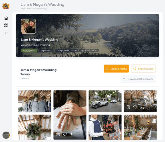 SnapPix host dashboard showing an event photo gallery