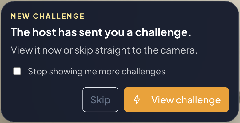 SnapPix new challenge prompt inviting a guest to view the host's photo challenge or skip to the camera